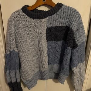 Aerie Patchwork Knit Sweater - Light Blue and Dark Gray